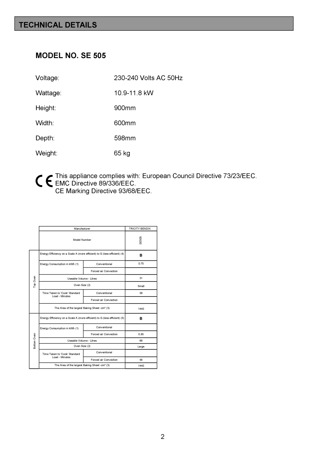 Tricity Bendix SE505 installation instructions Technical Details Model NO. SE, Tricity Bendix 