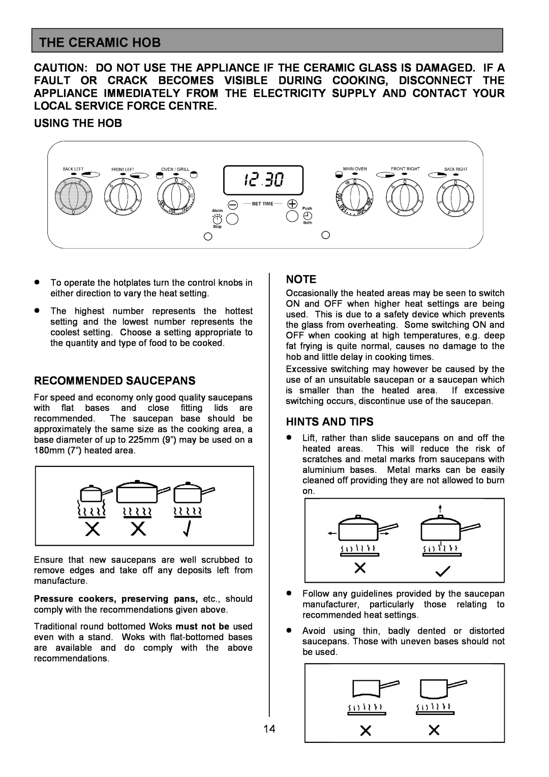 Tricity Bendix SE505 installation instructions The Ceramic Hob, Using The Hob, Recommended Saucepans, Hints And Tips 