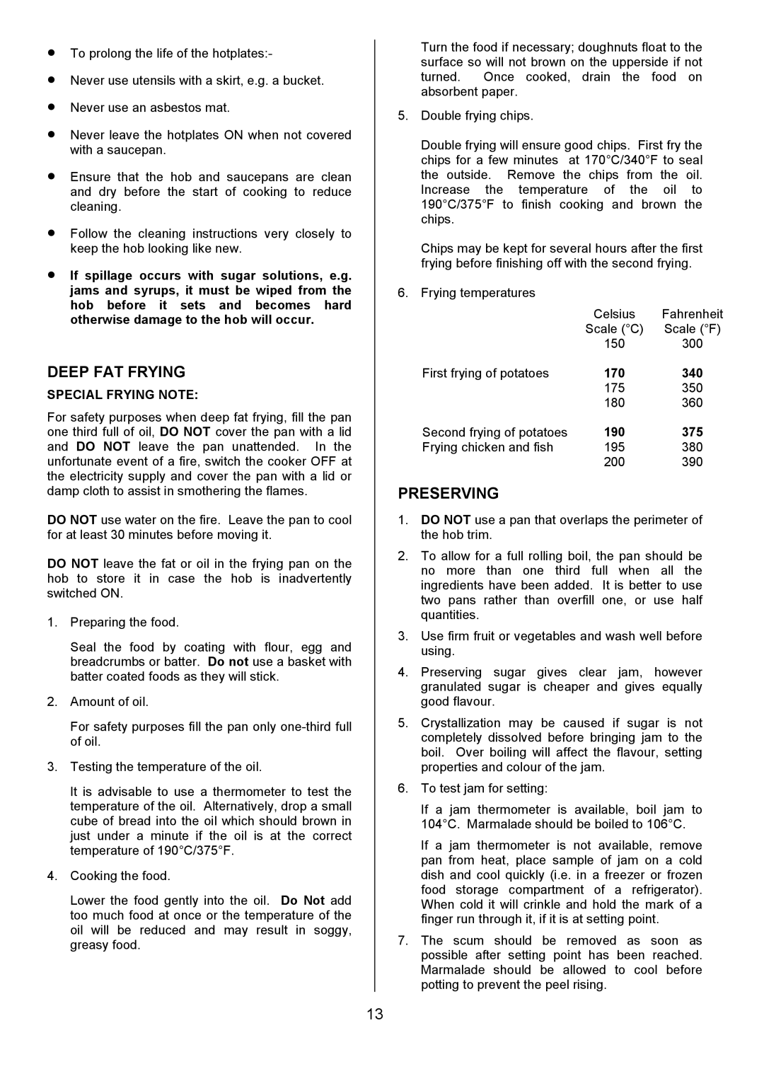 Tricity Bendix SE550 installation instructions Deep FAT Frying, Preserving, Special Frying Note 