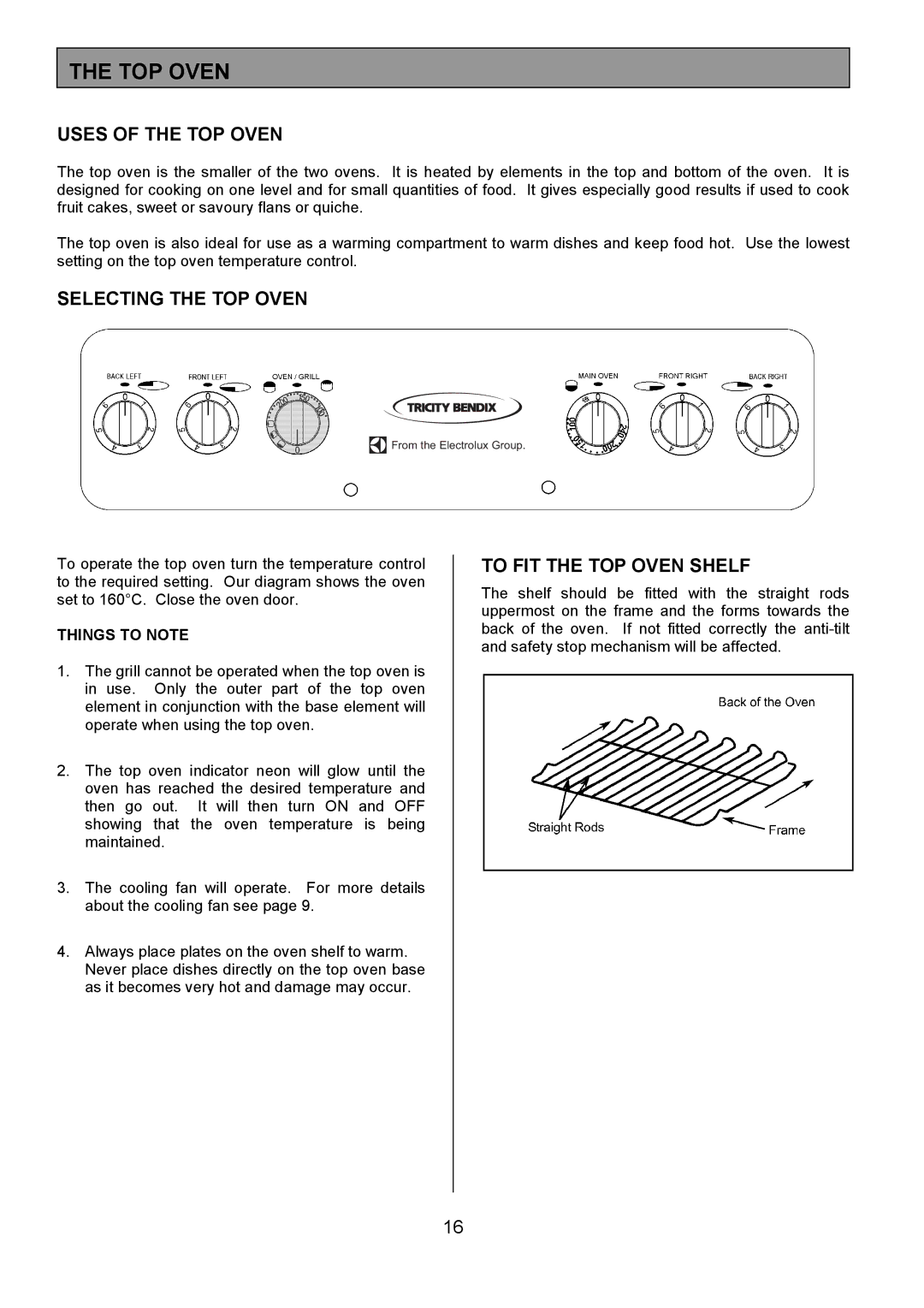 Tricity Bendix SE550 Uses of the TOP Oven, Selecting the TOP Oven, To FIT the TOP Oven Shelf, Things to Note 