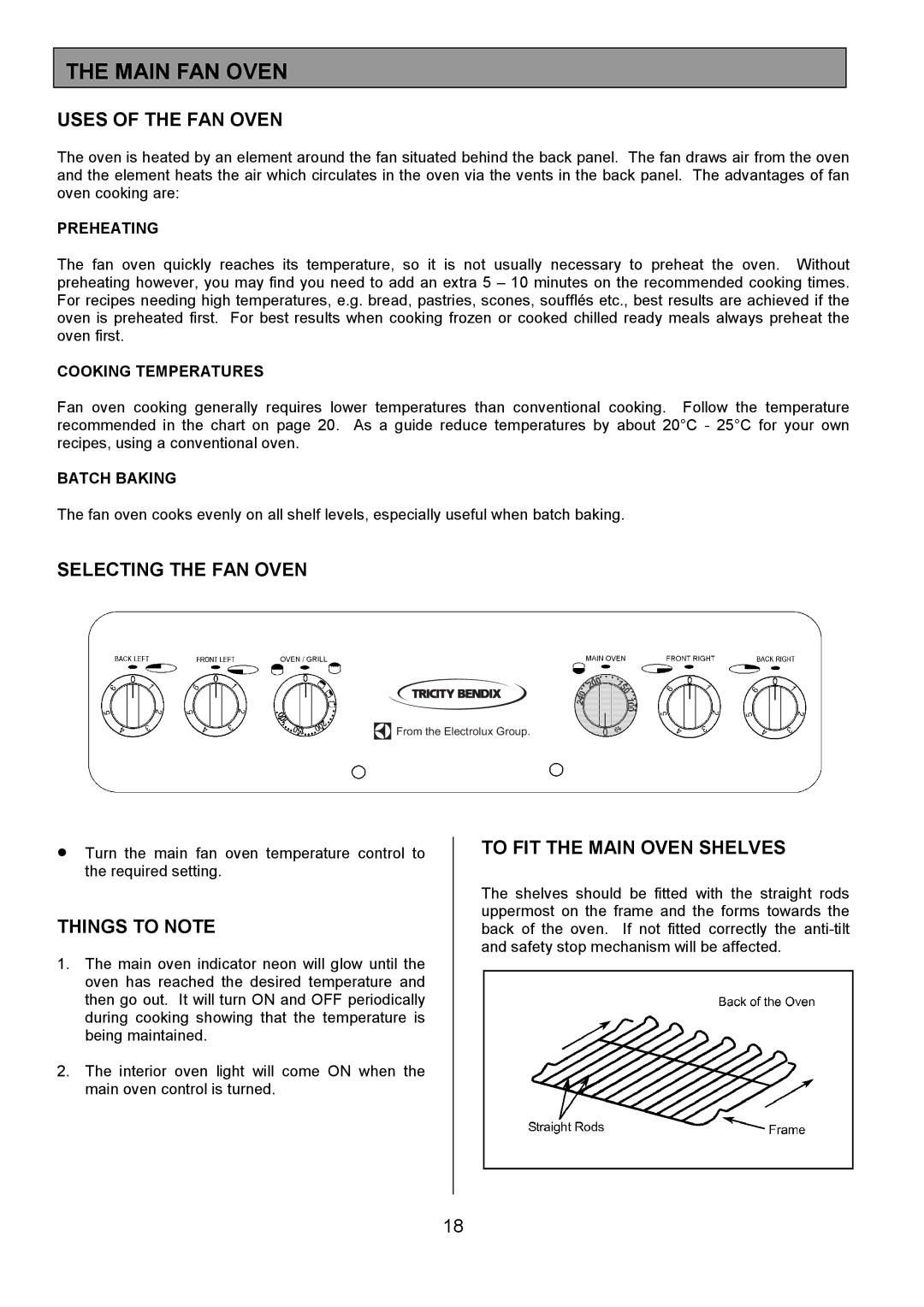 Tricity Bendix SE550 Main FAN Oven, Uses of the FAN Oven, Selecting the FAN Oven, To FIT the Main Oven Shelves 