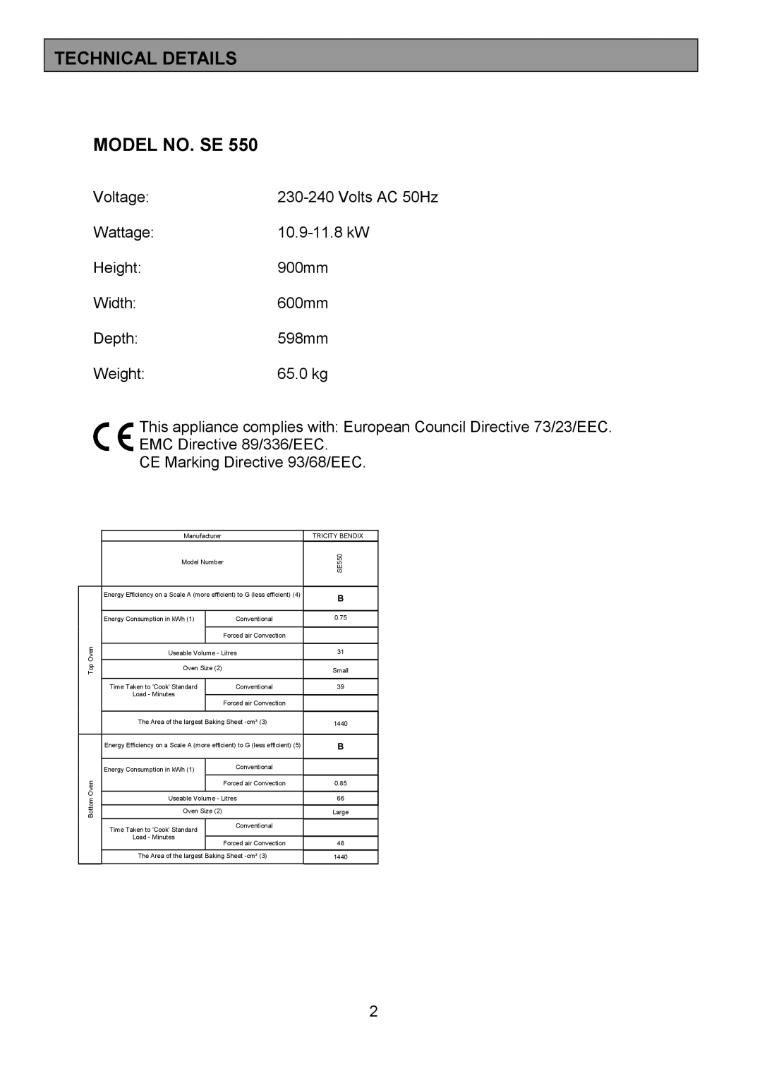 Tricity Bendix SE550 installation instructions Technical Details Model NO. SE, Tricity Bendix 