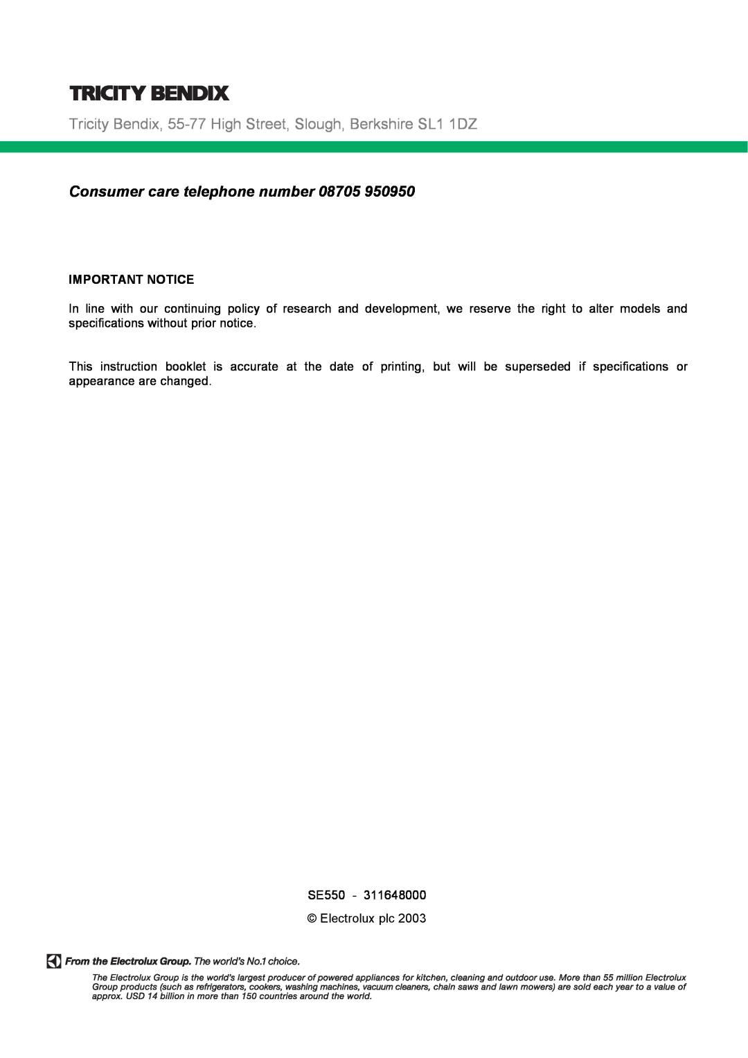 Tricity Bendix SE550 installation instructions Consumer care telephone number, Important Notice 