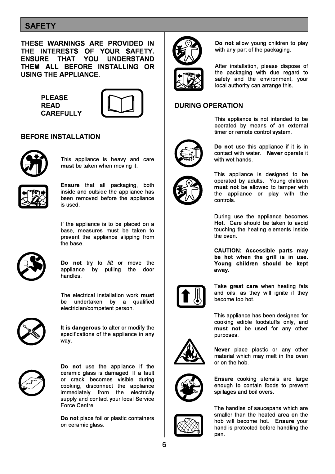 Tricity Bendix SE550 installation instructions Safety, Please Read Carefully Before Installation, During Operation 