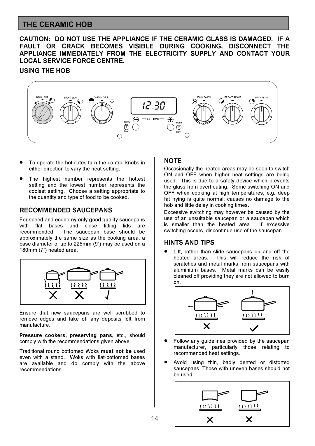 Tricity Bendix SE553 installation instructions Ceramic HOB, Using the HOB, Recommended Saucepans, Hints and Tips 