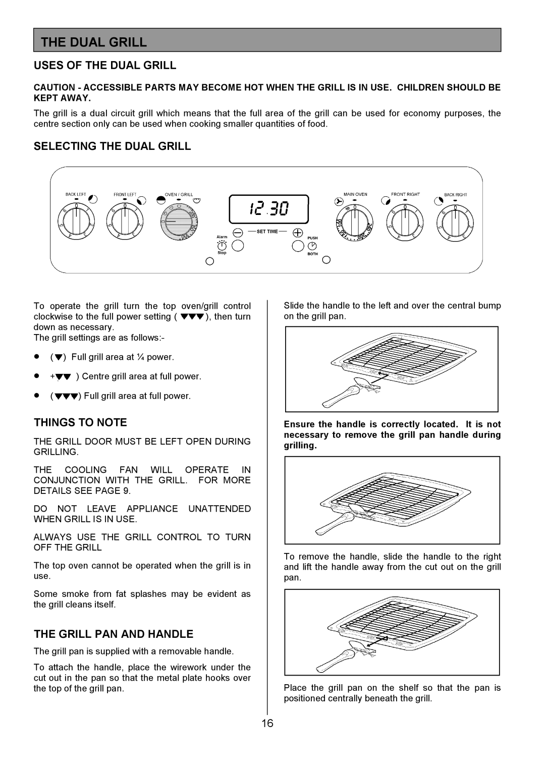 Tricity Bendix SE553 Uses of the Dual Grill, Selecting the Dual Grill, Things to Note, Grill PAN and Handle 