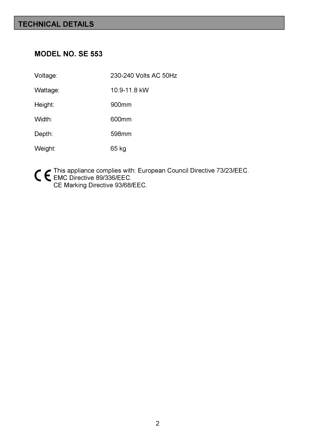 Tricity Bendix SE553 installation instructions Technical Details Model NO. SE 