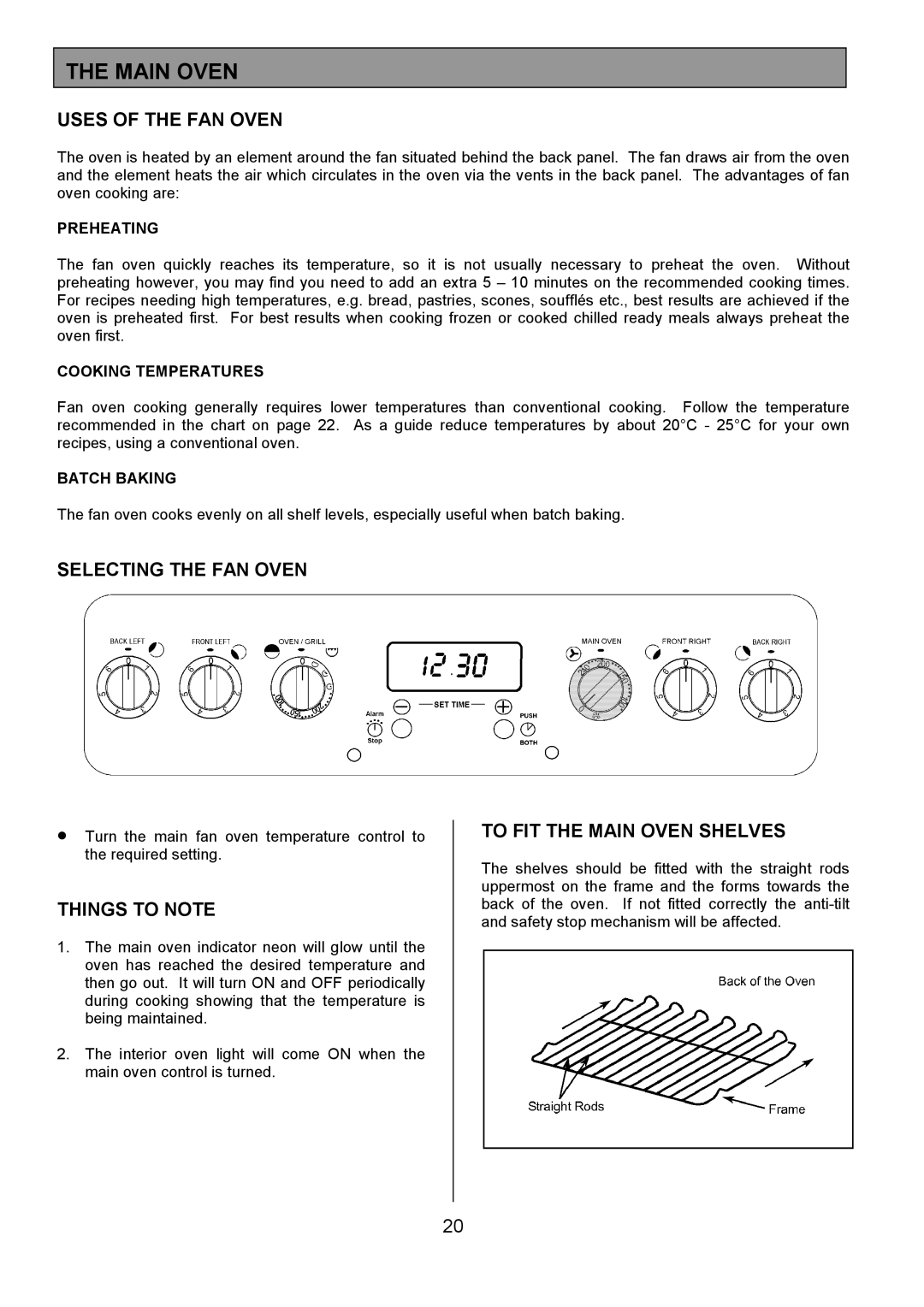 Tricity Bendix SE553 Uses of the FAN Oven, Selecting the FAN Oven, To FIT the Main Oven Shelves 