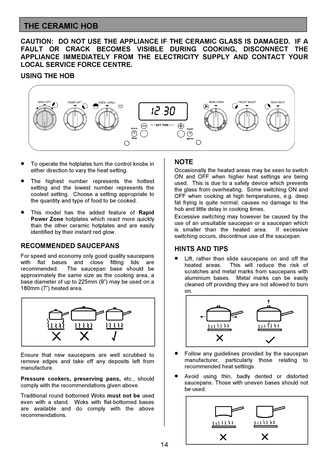 Tricity Bendix SE554 installation instructions Ceramic HOB, Using the HOB, Recommended Saucepans, Hints and Tips 