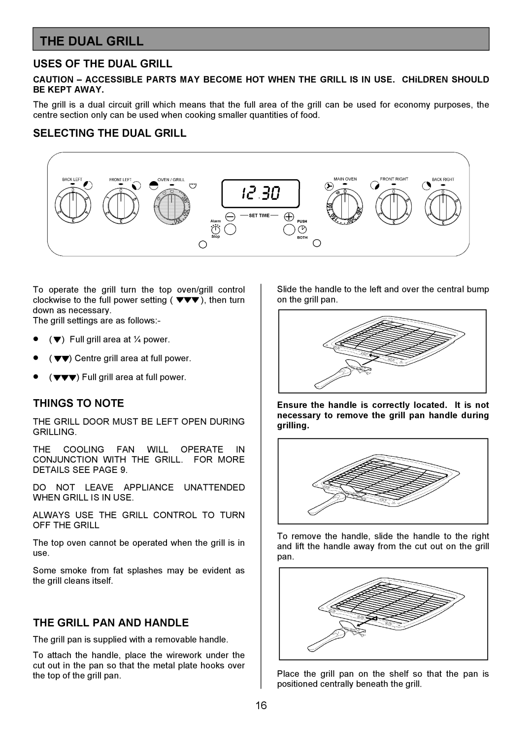 Tricity Bendix SE554 Uses of the Dual Grill, Selecting the Dual Grill, Things to Note, Grill PAN and Handle 