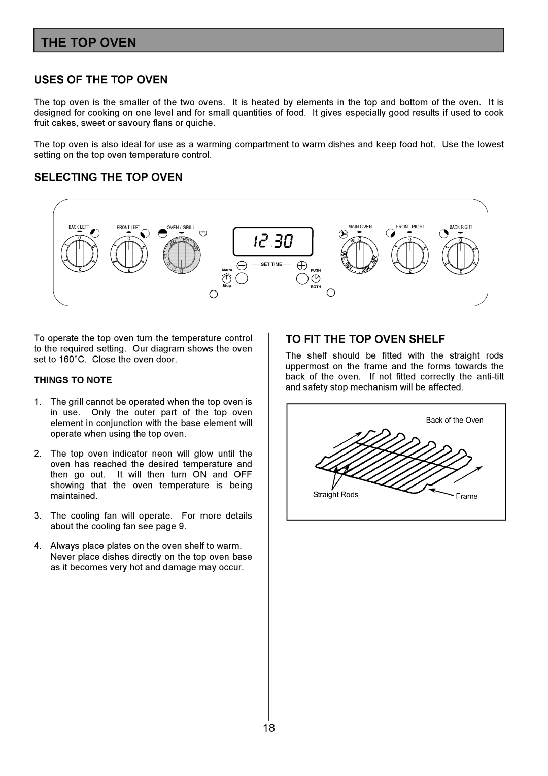 Tricity Bendix SE554 Uses of the TOP Oven, Selecting the TOP Oven, To FIT the TOP Oven Shelf, Things to Note 