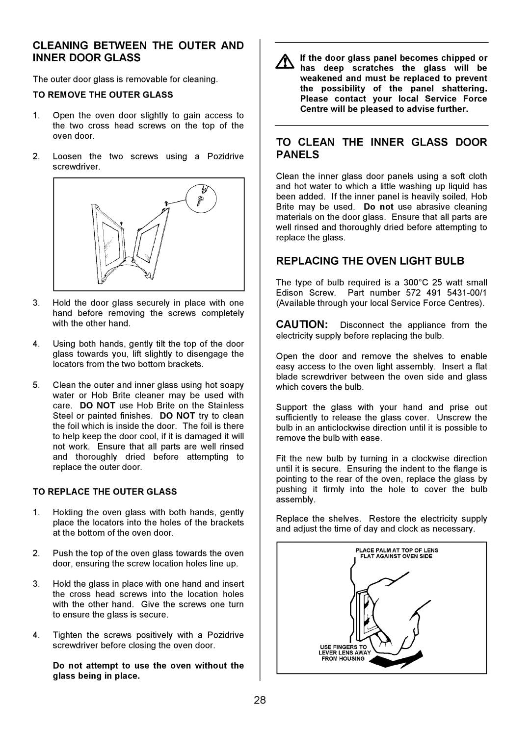 Tricity Bendix SE554 Cleaning Between the Outer and Inner Door Glass, To Clean the Inner Glass Door Panels 