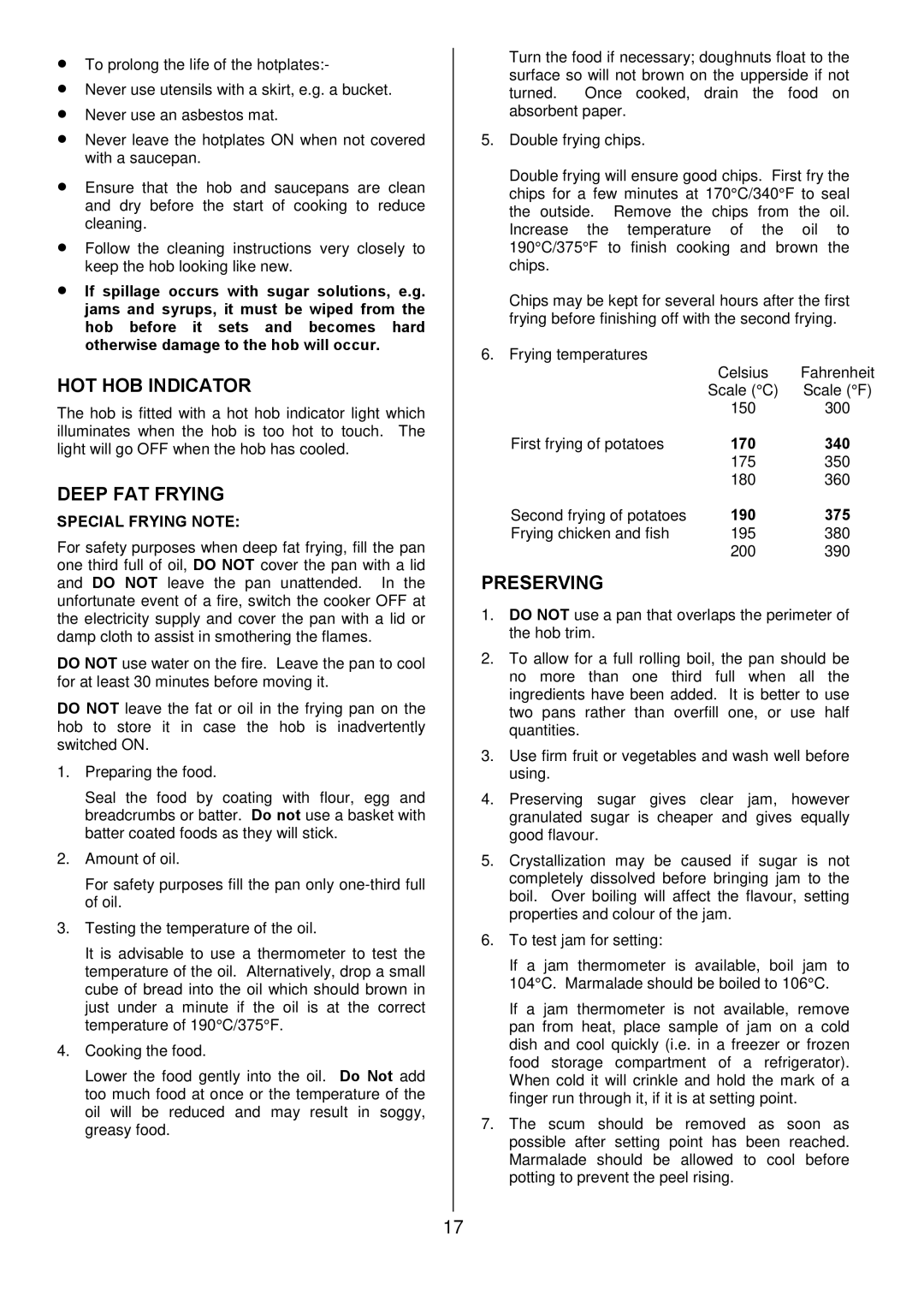 Tricity Bendix SE555 installation instructions HOT HOB Indicator, Deep FAT Frying, Preserving, Special Frying Note 