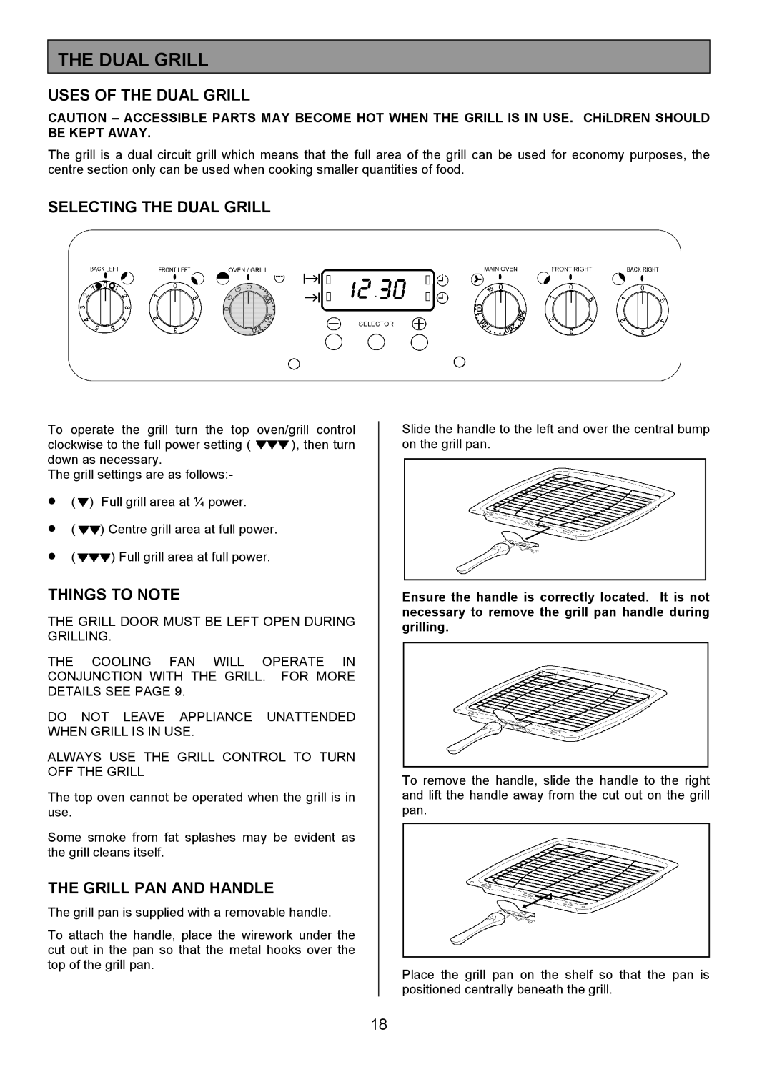 Tricity Bendix SE555 installation instructions Uses of the Dual Grill, Selecting the Dual Grill, Grill PAN and Handle 