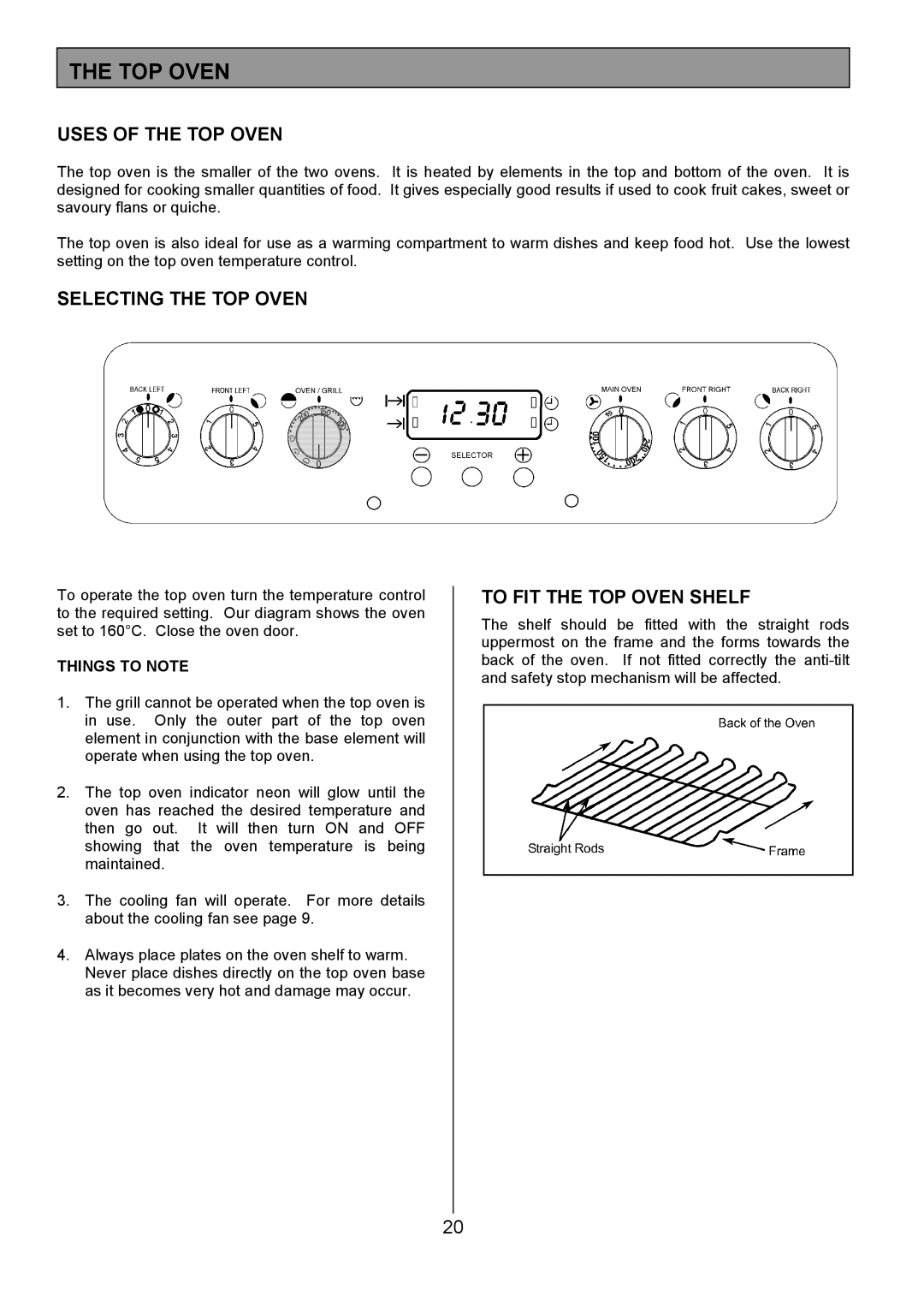 Tricity Bendix SE555 Uses of the TOP Oven, Selecting the TOP Oven, To FIT the TOP Oven Shelf, Things to Note 