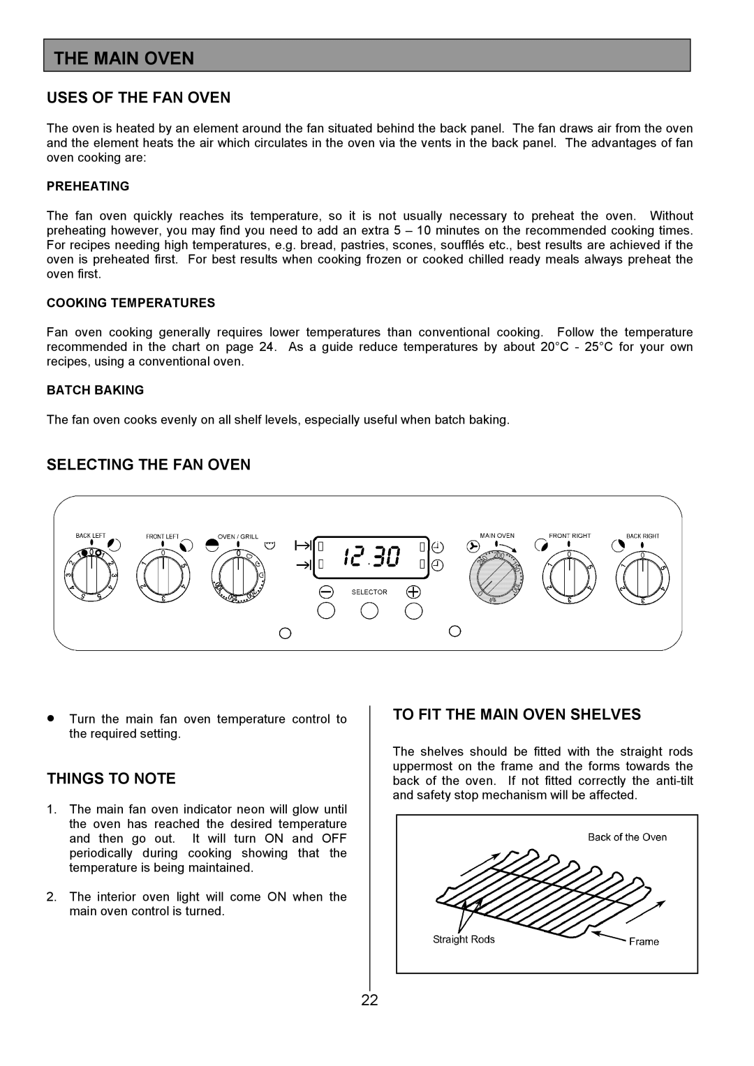 Tricity Bendix SE555 Uses of the FAN Oven, Selecting the FAN Oven, To FIT the Main Oven Shelves 