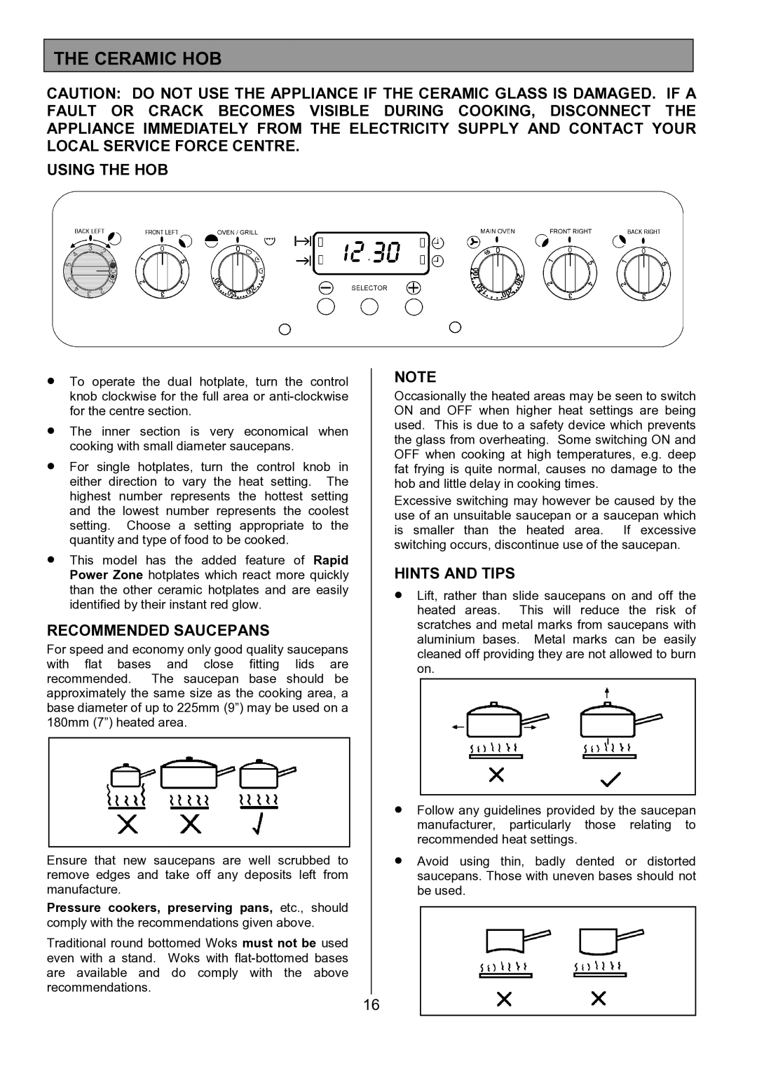 Tricity Bendix SE556 installation instructions Ceramic HOB, Using the HOB, Recommended Saucepans, Hints and Tips 