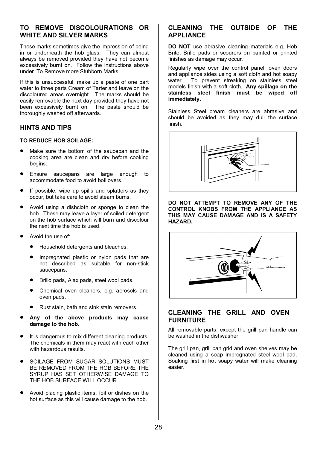 Tricity Bendix SE556 To Remove Discolourations or White and Silver Marks, Cleaning the Outside of the Appliance 