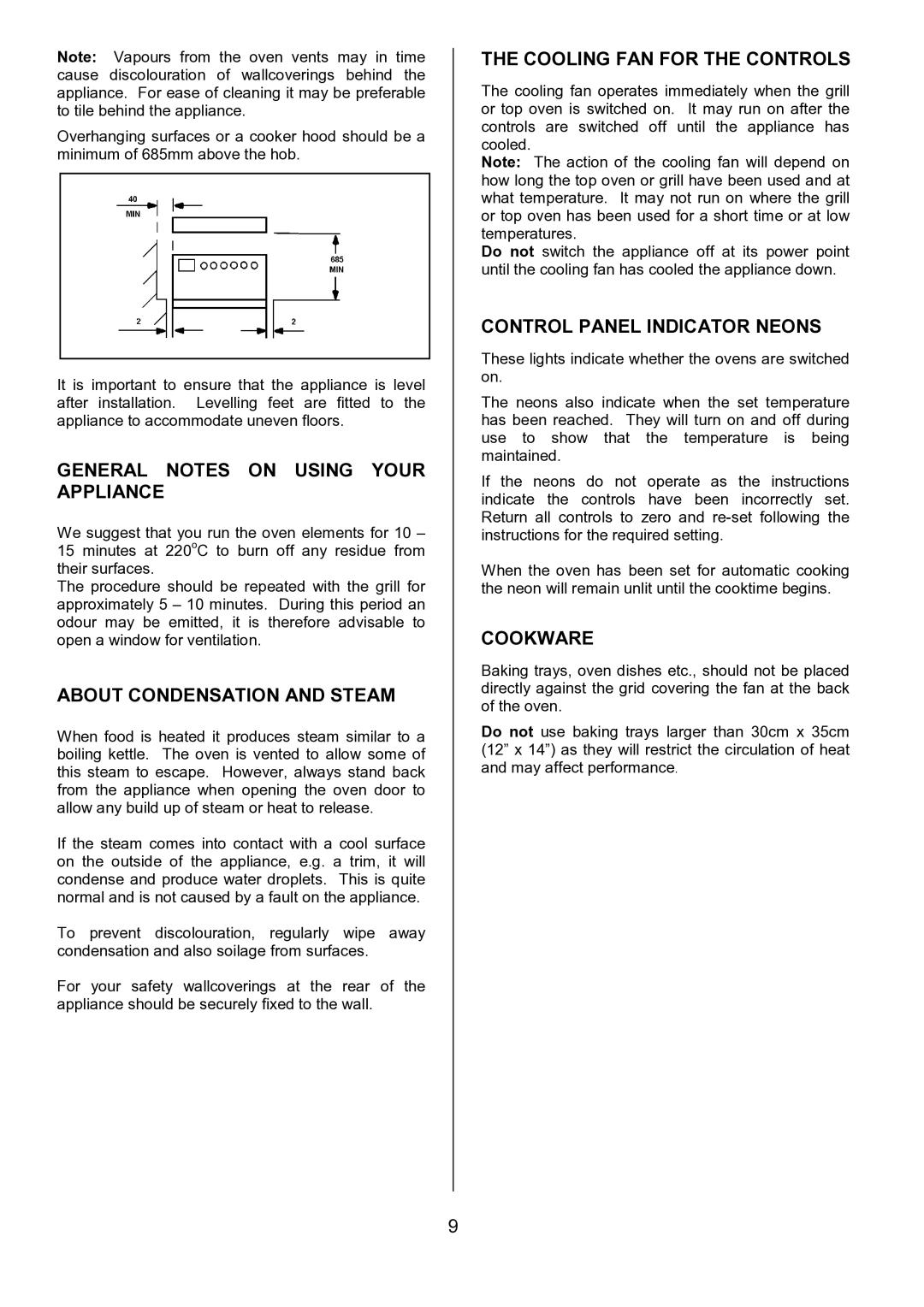 Tricity Bendix SE556 General Notes on Using Your Appliance, About Condensation and Steam, Cooling FAN for the Controls 