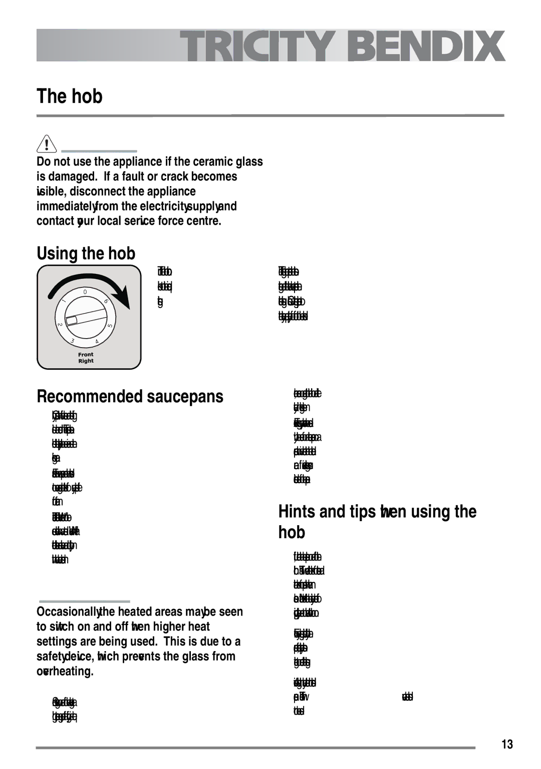 Tricity Bendix SE558 user manual Hob, Using the hob, Recommended saucepans, Hints and tips when using the hob 