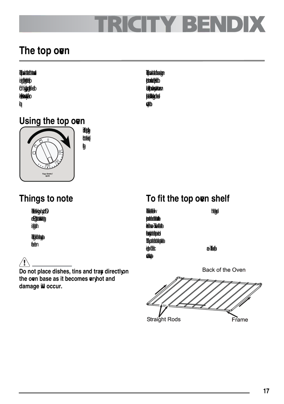 Tricity Bendix SE558 user manual Top oven, Using the top oven, To fit the top oven shelf 