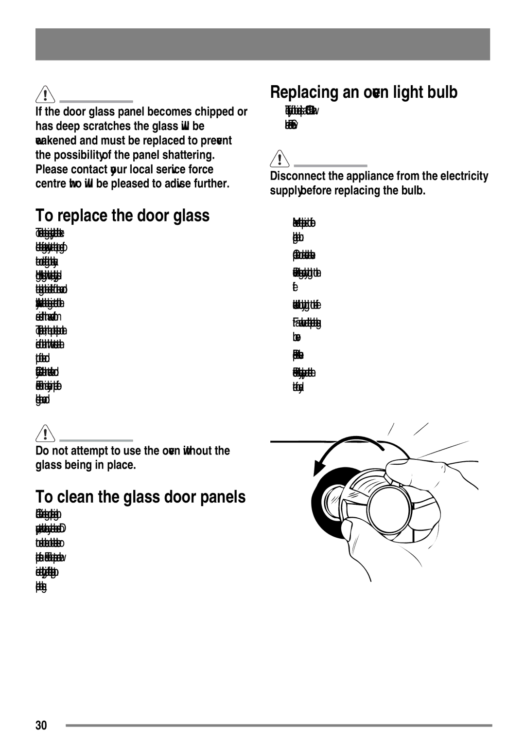 Tricity Bendix SE558 user manual To replace the door glass, Replacing an oven light bulb 