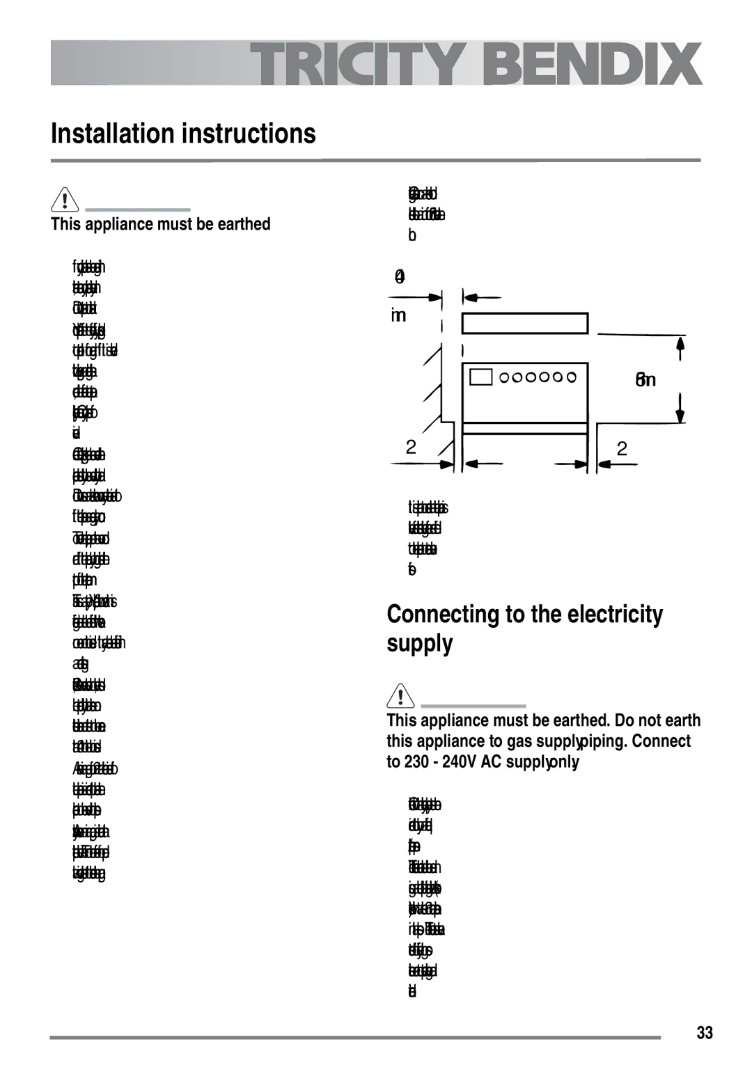 Tricity Bendix SE558 user manual Installation instructions, Connecting to the electricity supply 