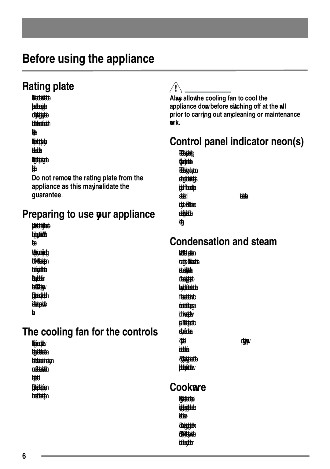 Tricity Bendix SE558 user manual Before using the appliance, Rating plate, Condensation and steam, Cookware 