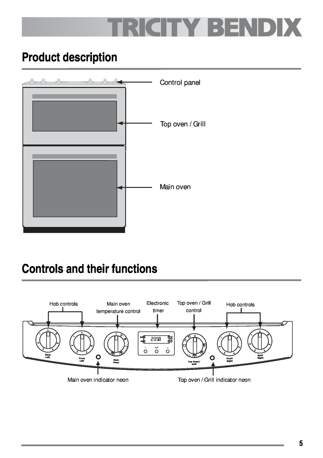 Tricity Bendix SE558 Product description, Controls and their functions, Control panel Top oven / Grill Main oven, timer 