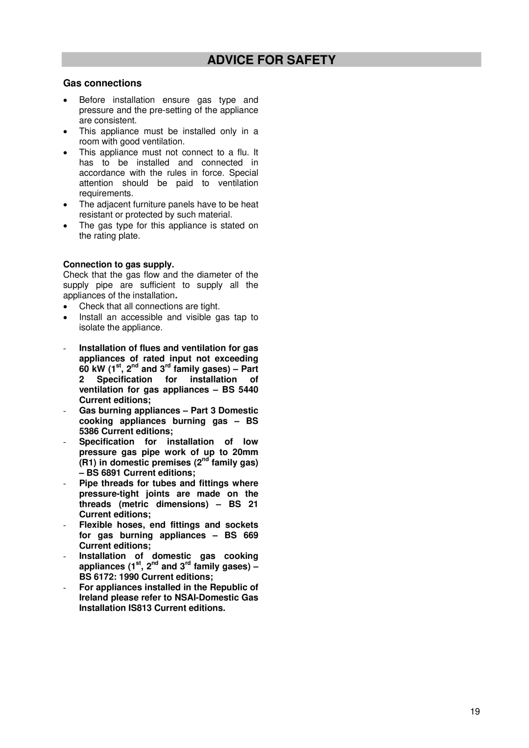 Tricity Bendix SG 205WL manual Advice for Safety, Gas connections, Connection to gas supply 