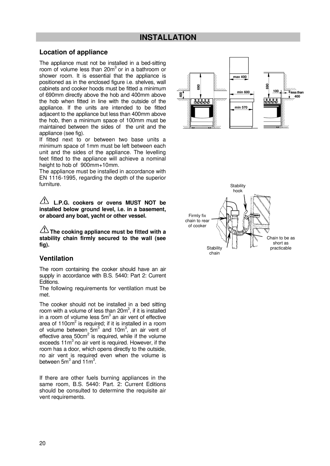 Tricity Bendix SG 205WL manual Installation, Location of appliance, Ventilation 