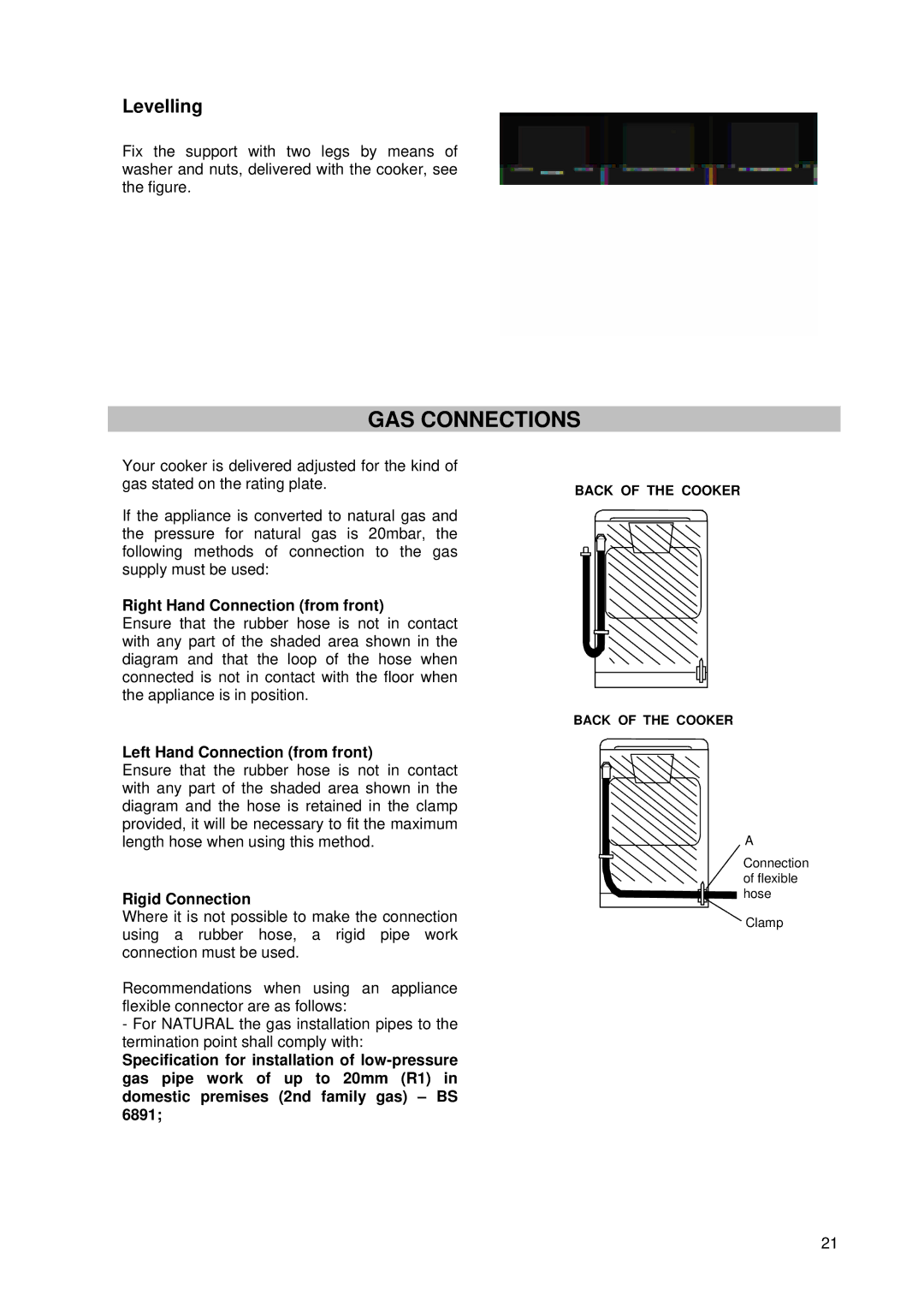 Tricity Bendix SG 205WL GAS Connections, Levelling, Right Hand Connection from front, Left Hand Connection from front 