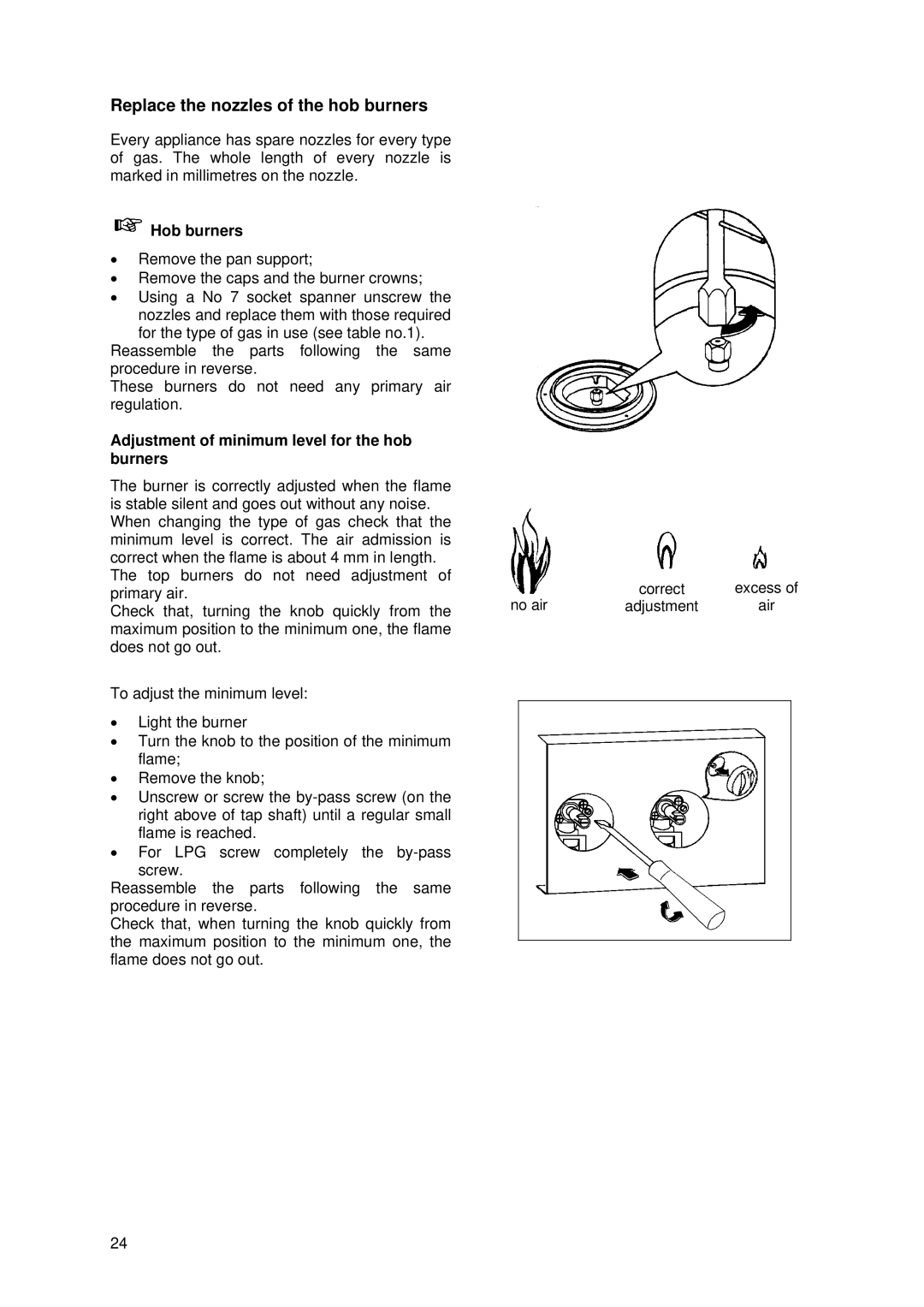 Tricity Bendix SG 205WL manual Replace the nozzles of the hob burners, Hob burners 