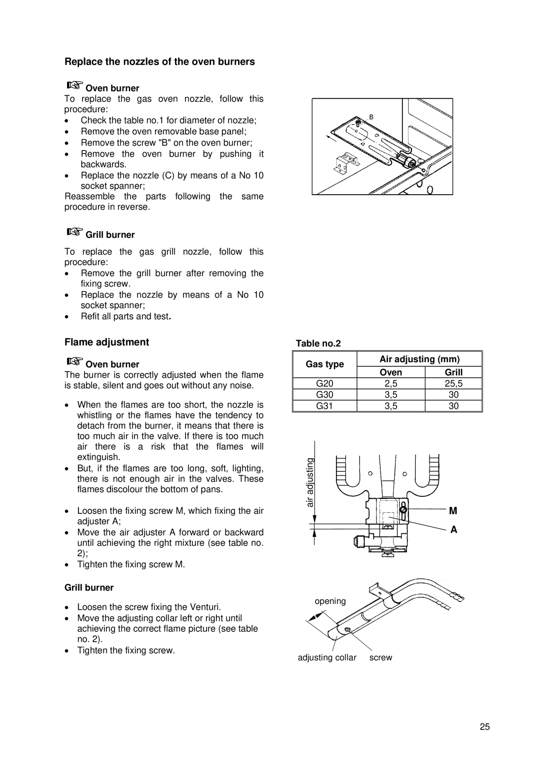 Tricity Bendix SG 205WL manual Replace the nozzles of the oven burners, Flame adjustment, Oven burner, Grill burner 