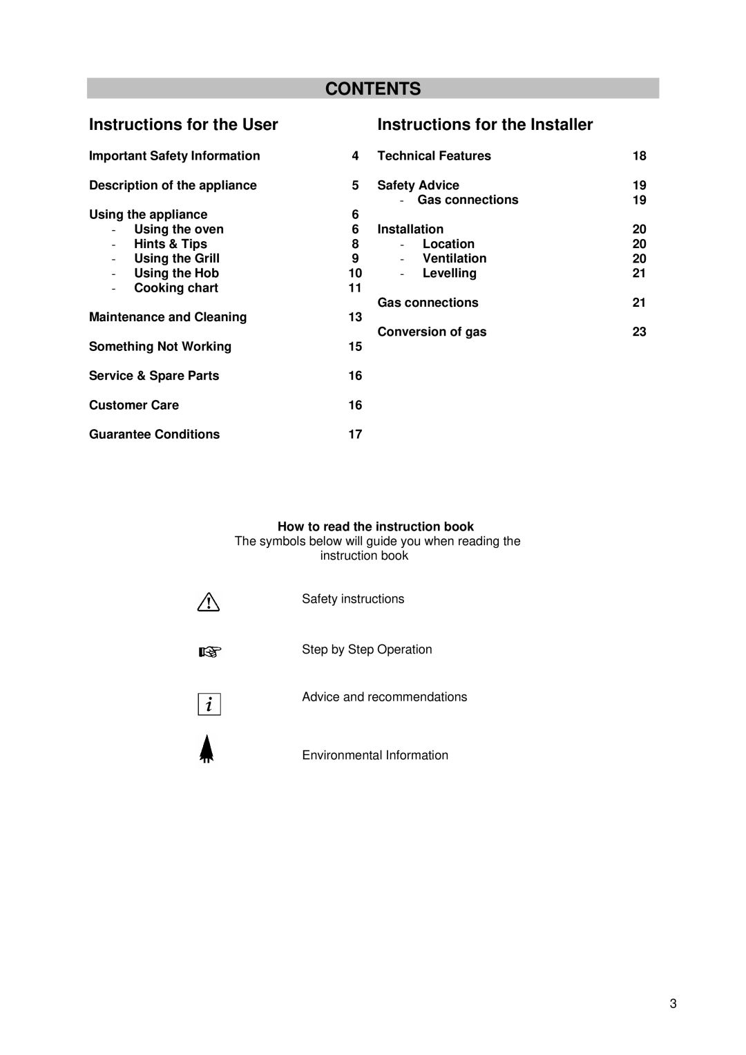 Tricity Bendix SG 205WL manual Contents 