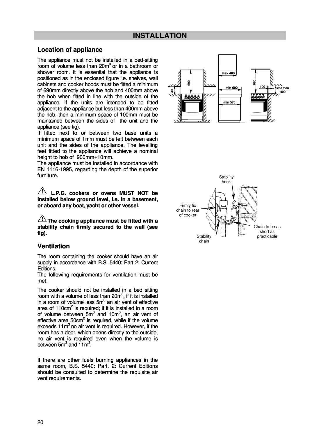 Tricity Bendix SG 205WL manual Installation, Location of appliance, Ventilation 