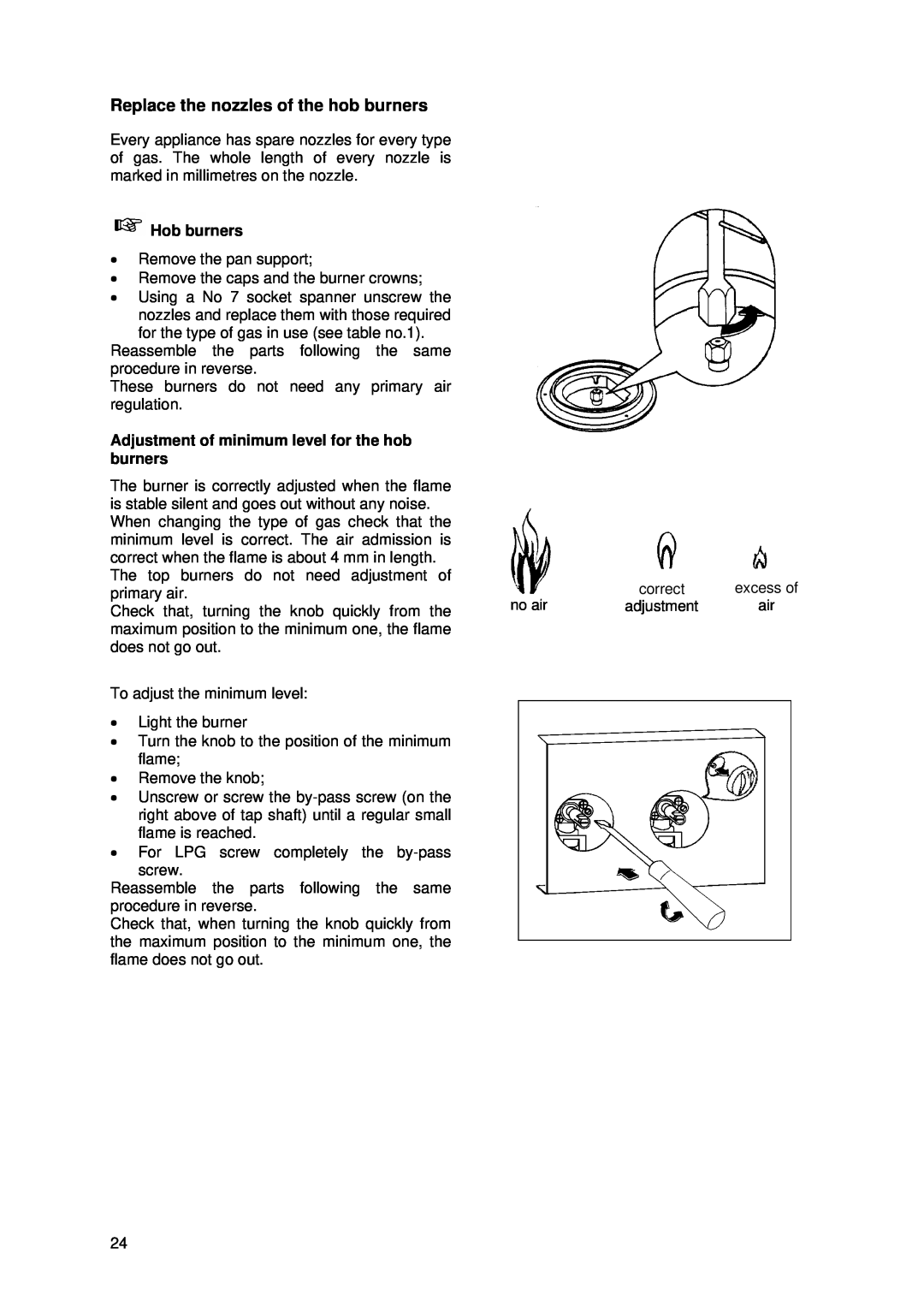 Tricity Bendix SG 205WL manual Replace the nozzles of the hob burners, Hob burners 