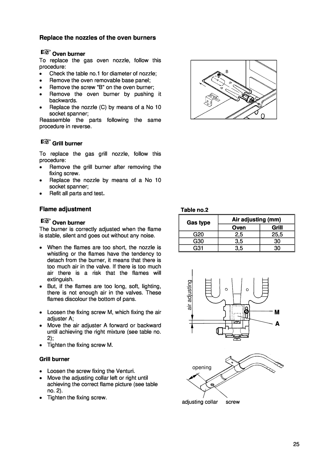Tricity Bendix SG 205WL manual Replace the nozzles of the oven burners, Flame adjustment, adjustingair M 