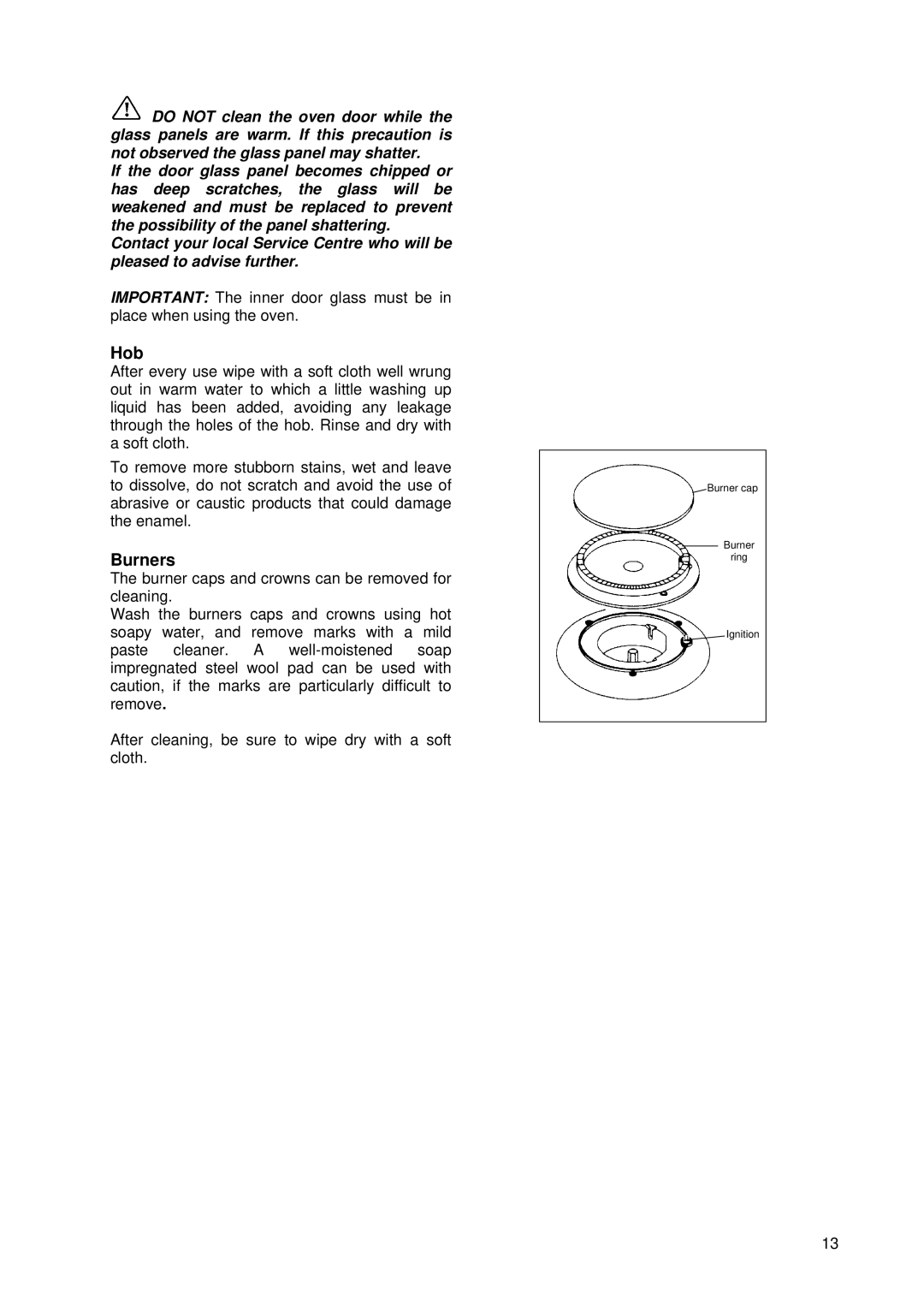 Tricity Bendix SG 210 manual Hob, Burners 