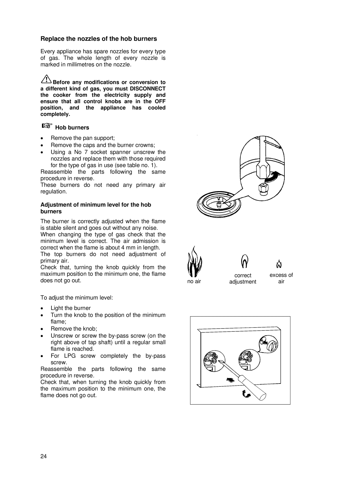 Tricity Bendix SG 210 manual Replace the nozzles of the hob burners, Adjustment of minimum level for the hob burners 