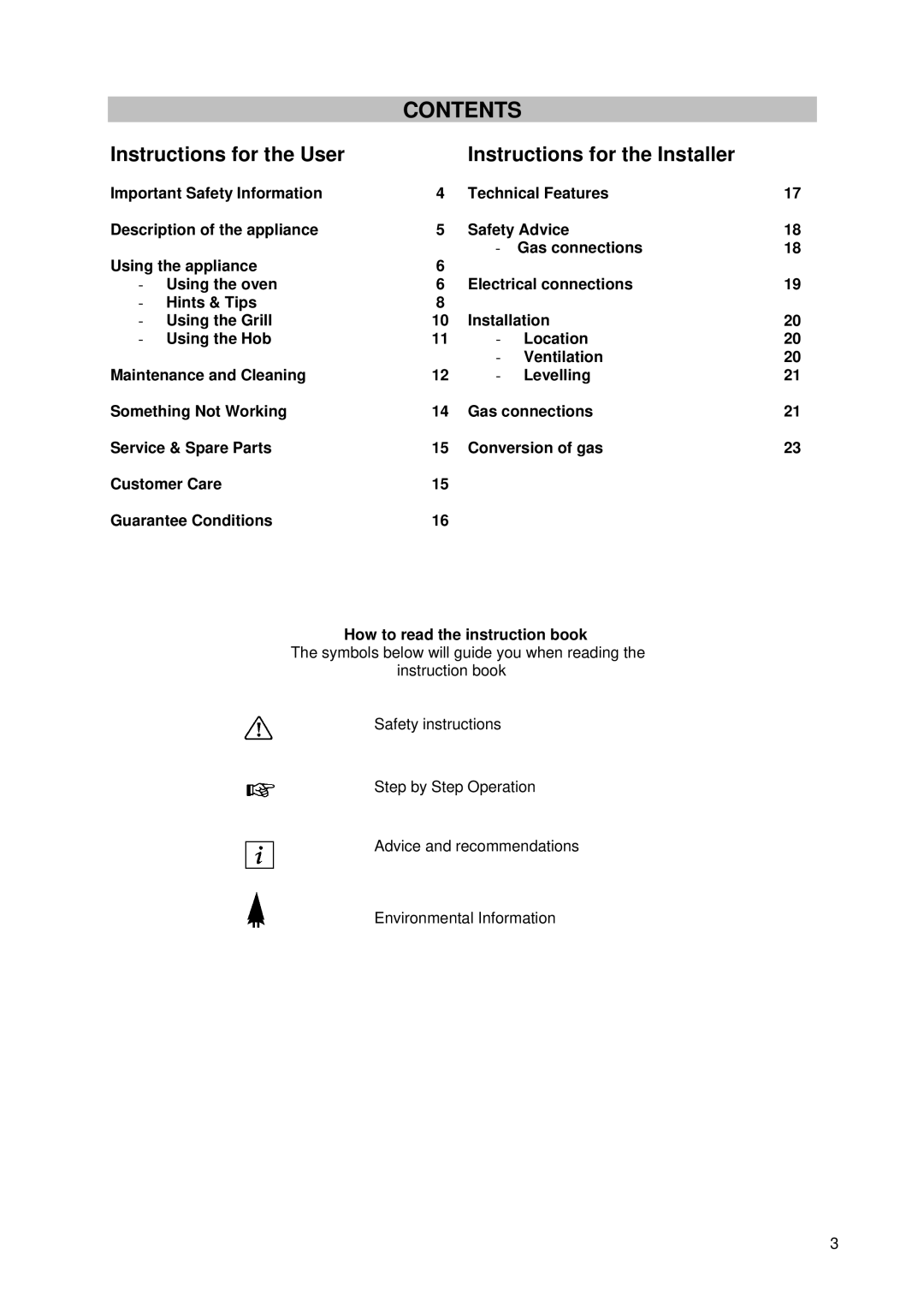 Tricity Bendix SG 210 manual Contents 