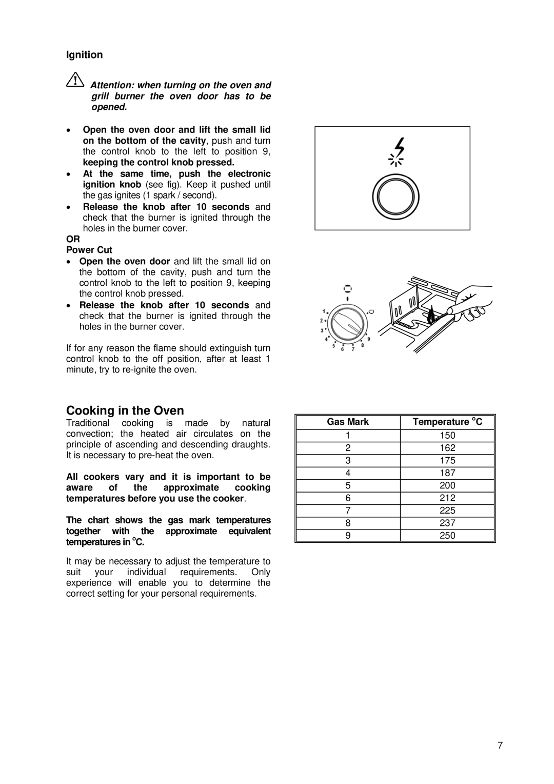 Tricity Bendix SG 210 manual Ignition, Gas Mark 