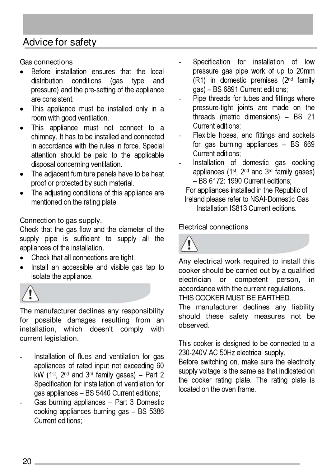 Tricity Bendix SG211X manual Advice for safety, Gas connections, Connection to gas supply 