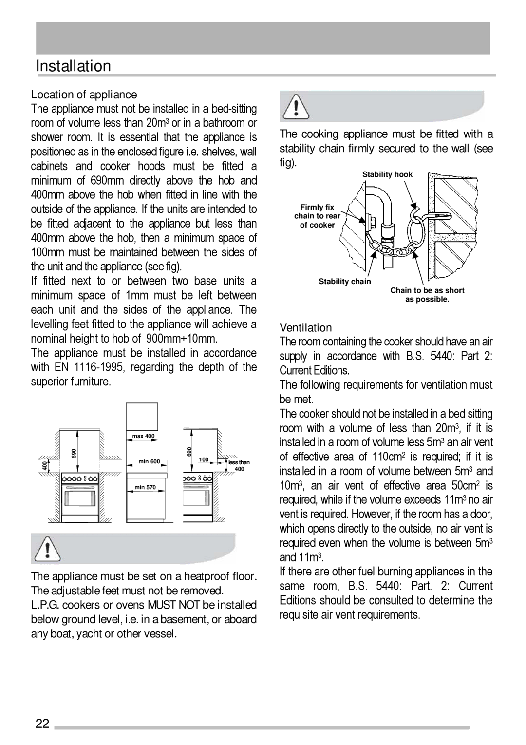 Tricity Bendix SG211X manual Installation, Location of appliance, Ventilation 