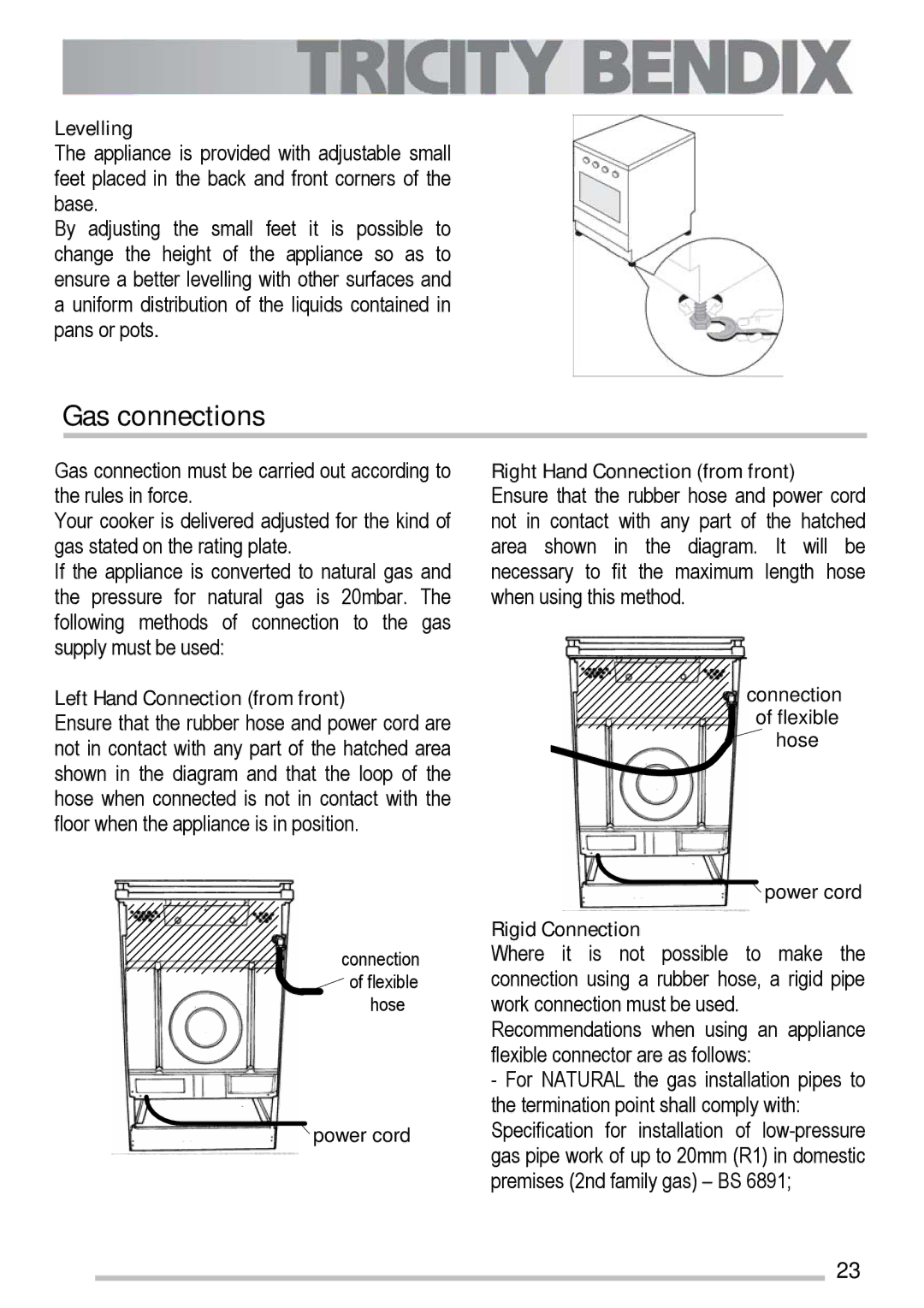 Tricity Bendix SG211X manual Gas connections, Levelling, Left Hand Connection from front, Right Hand Connection from front 