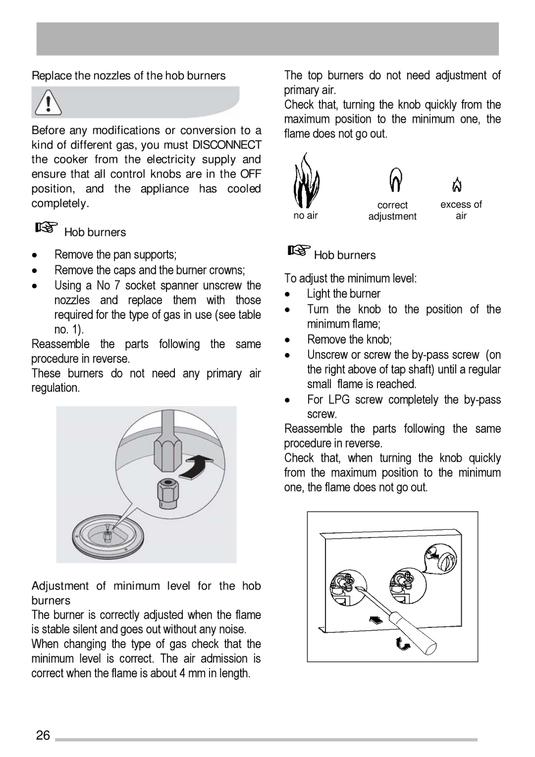 Tricity Bendix SG211X manual Adjustment of minimum level for the hob burners, Hob burners 