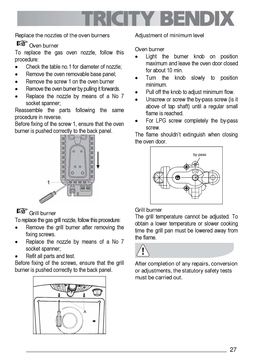 Tricity Bendix SG211X manual Replace the nozzles of the oven burners Oven burner, Grill burner 