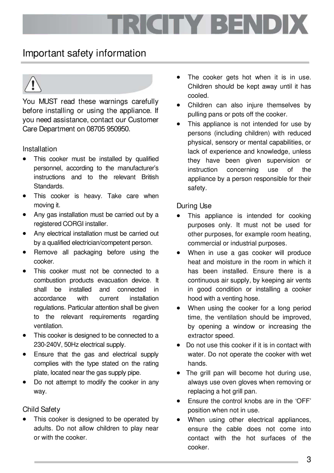 Tricity Bendix SG211X manual Important safety information, Child Safety, During Use 