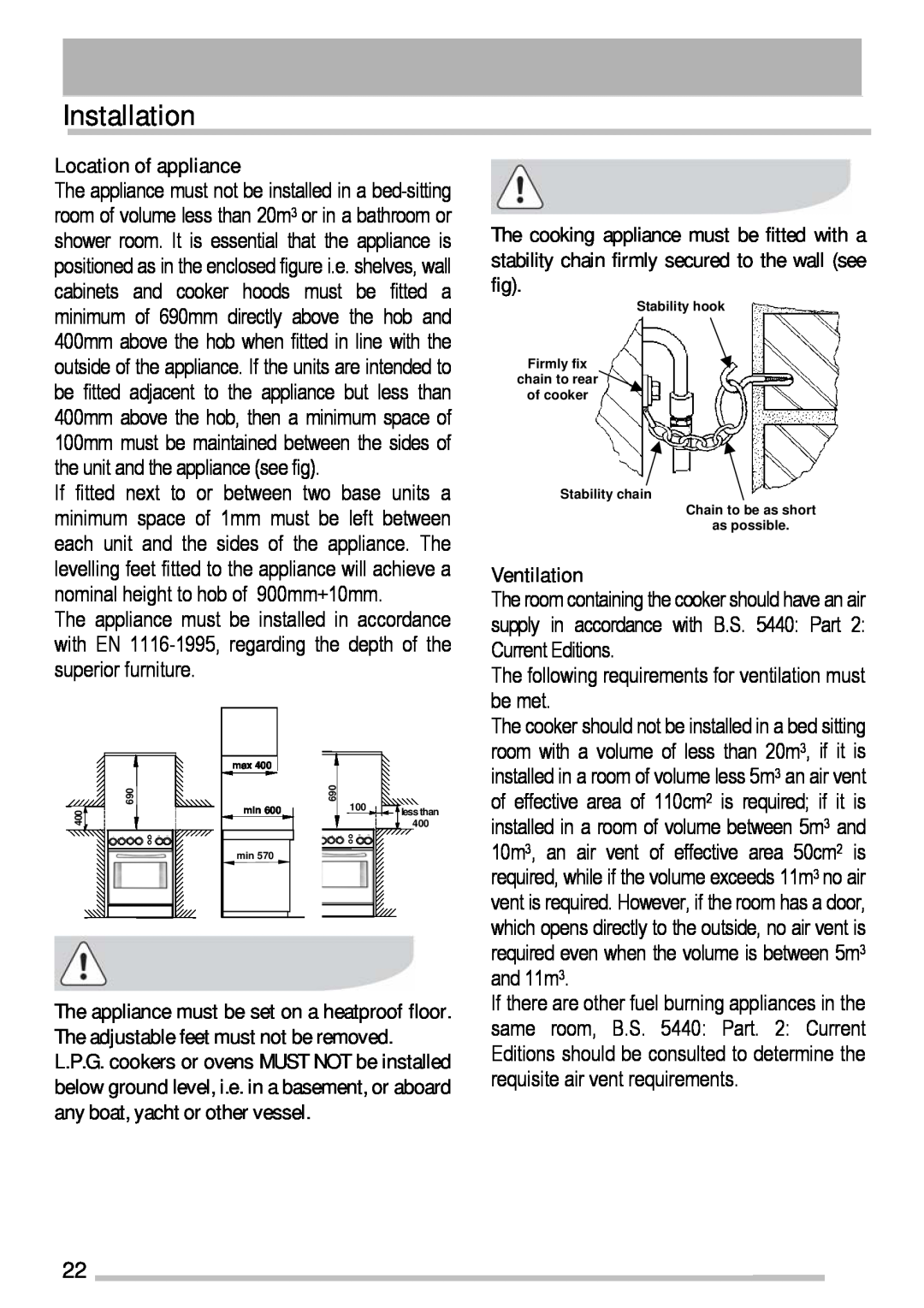 Tricity Bendix SG211X manual Installation, Location of appliance, Ventilation 