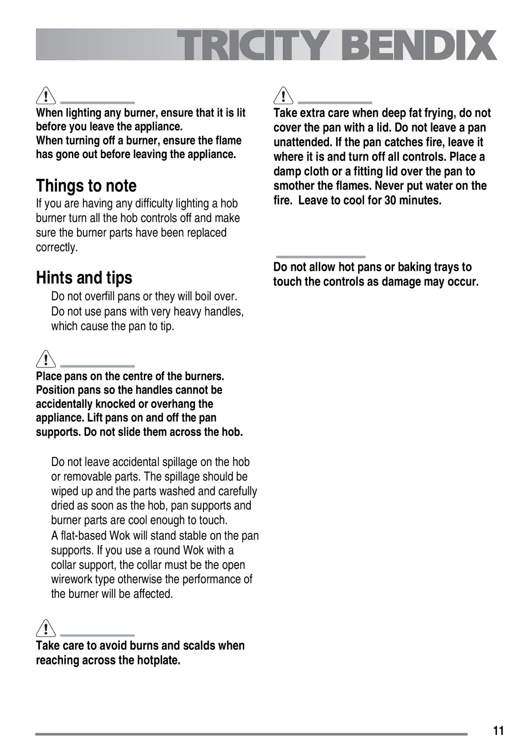 Tricity Bendix SG558/1 user manual Things to note, Hints and tips, Do not overfill pans or they will boil over 